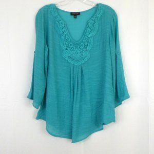 Spense Teal Green Boho Peasant Top Roll Tab 3/4 Sleeve